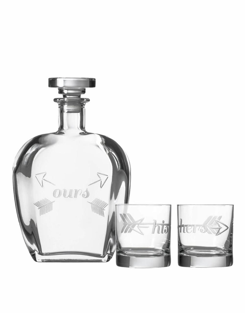 Rolf Glass HIS, HERS AND OURS WHISKEY DECANTER AND ROCKS GLASSES (Set of 3)