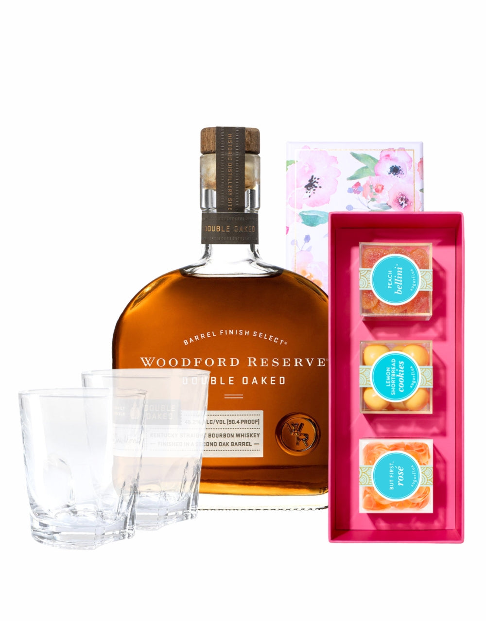 Woodford Reserve® Double Oaked Bourbon with Sugarfina Watercolor 3 Piece Bento Box and ReserveBar Rocks Glass (Set of 2)
