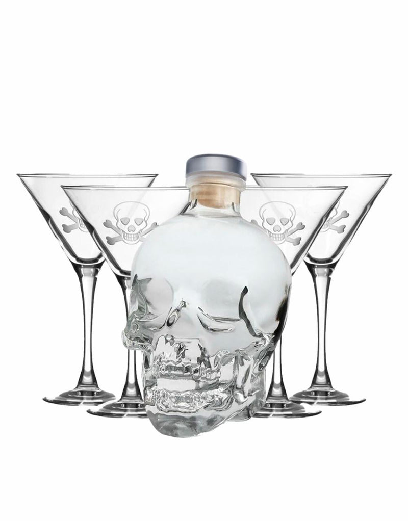 Crystal Head Vodka (750ml) with Rolf Skull and Cross Bones Martini (Set of 4)