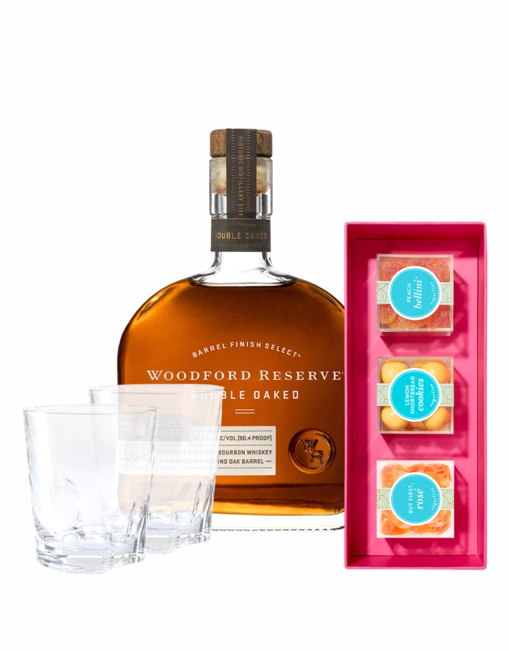Woodford Reserve® Double Oaked Bourbon with Sugarfina Watercolor 3 Piece Bento Box and ReserveBar Rocks Glass (Set of 2)