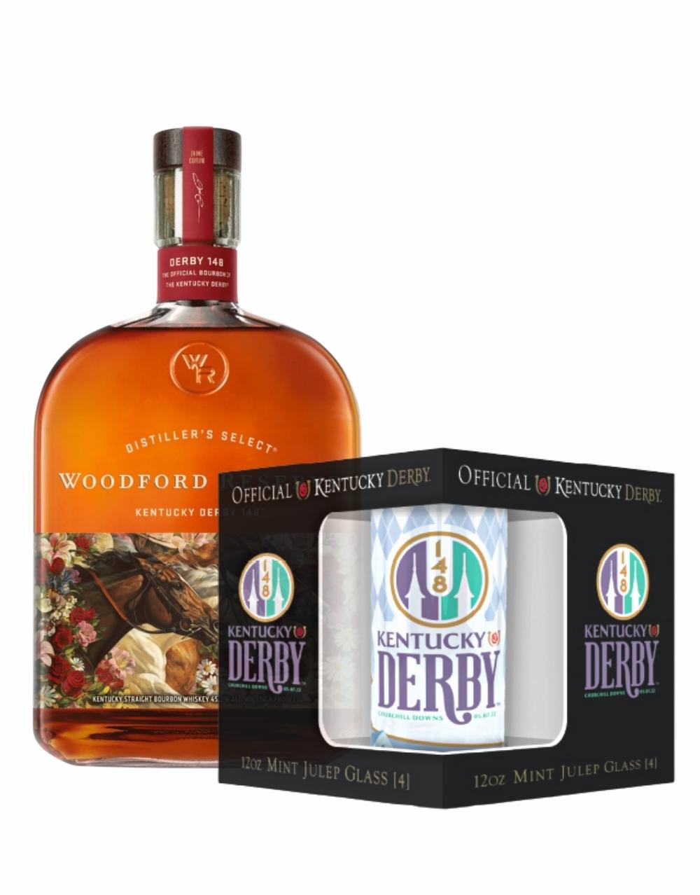 Pre-Order: WOODFORD RESERVE® 2022 KENTUCKY DERBY® 148 BOTTLE with 2022 Kentucky Derby Mint Julep Glasses (4 Pack)