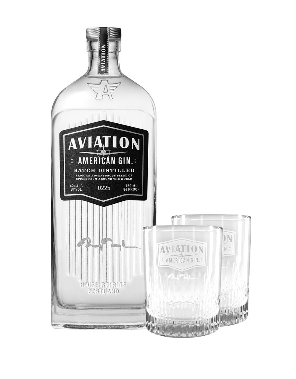 Aviation American Gin Ryan Reynolds Signature with Rolf Aviation Gin Branded Glasses