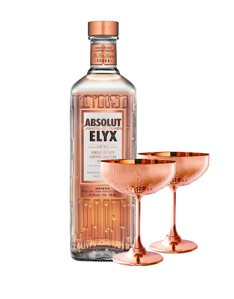 Absolut Elyx - Single Estate Handcrafted Vodka (750ml) with Elyx Copper Cocktail Coupe Gift Set (Set of 2)