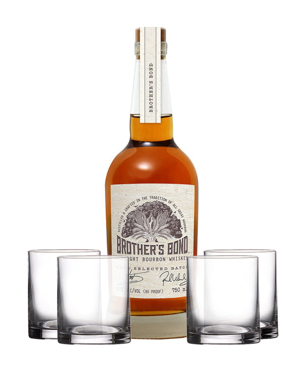 Brother's Bond Straight Bourbon Whiskey with Waterford Marquis Moments Double Old Fashioned (Set of 4)