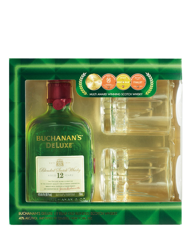 Buchanan's DeLuxe Aged 12 Years Blended Scotch Whisky with Two Branded Glasses