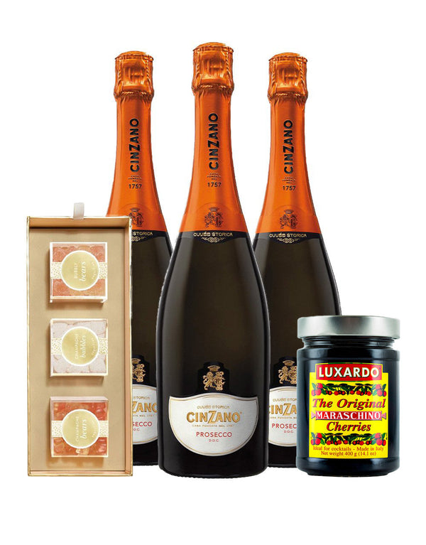 Cinzano Sparkling Wine Prosecco (3 Bottles) with Sugarfina Cheers 3 Piece Candy Bento Box and Luxardo Original Maraschino Cherries