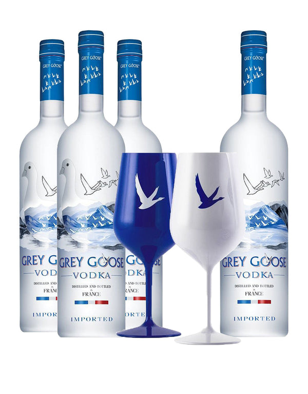 Grey Goose® Vodka (4 bottles) with Branded Blue & White Acrylic Glass Set
