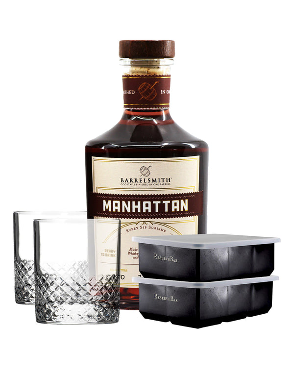 BARRELSMITH MANHATTAN with ROLF GLASS DIAMOND ON THE ROCKS (SET OF 2) and RESERVEBAR SQUARE ICE CUBE TRAY (SET OF 2)