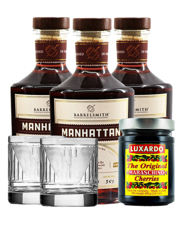 Barrelsmith Manhattan (3 bottles) with Rolf Glass Bleecker Street On The Rocks (Set of 2) and Luxardo Cherries