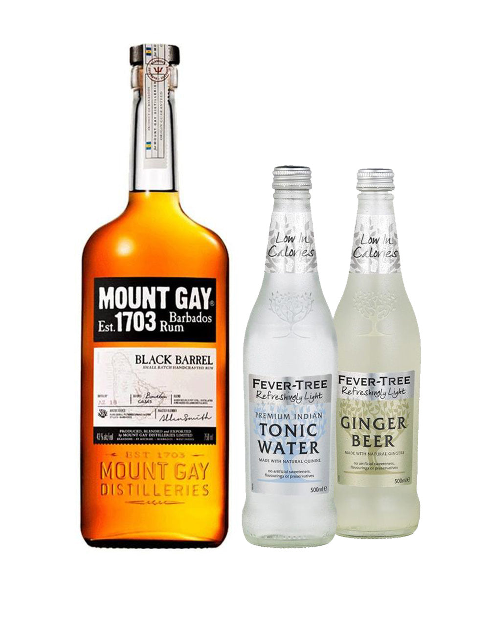 Mount Gay Black Barrel Rum with Fever-Tree Refreshing Light Ginger Beer (500Ml) and Refreshing Light Indian Tonic (500Ml)