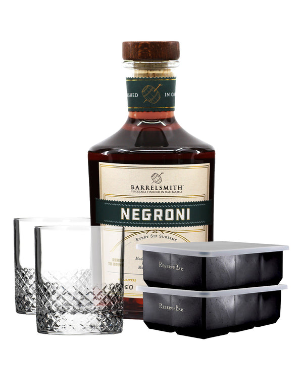 BARRELSMITH NEGRONI with ROLF GLASS DIAMOND ON THE ROCKS (SET OF 2) and RESERVEBAR SQUARE ICE CUBE TRAY (SET OF 2)