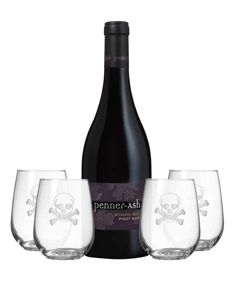 Penner-Ash Wine Cellars Willamette Valley Pinot Noir with Rolf Skull and Cross Bones Stemless Wine Tumblers