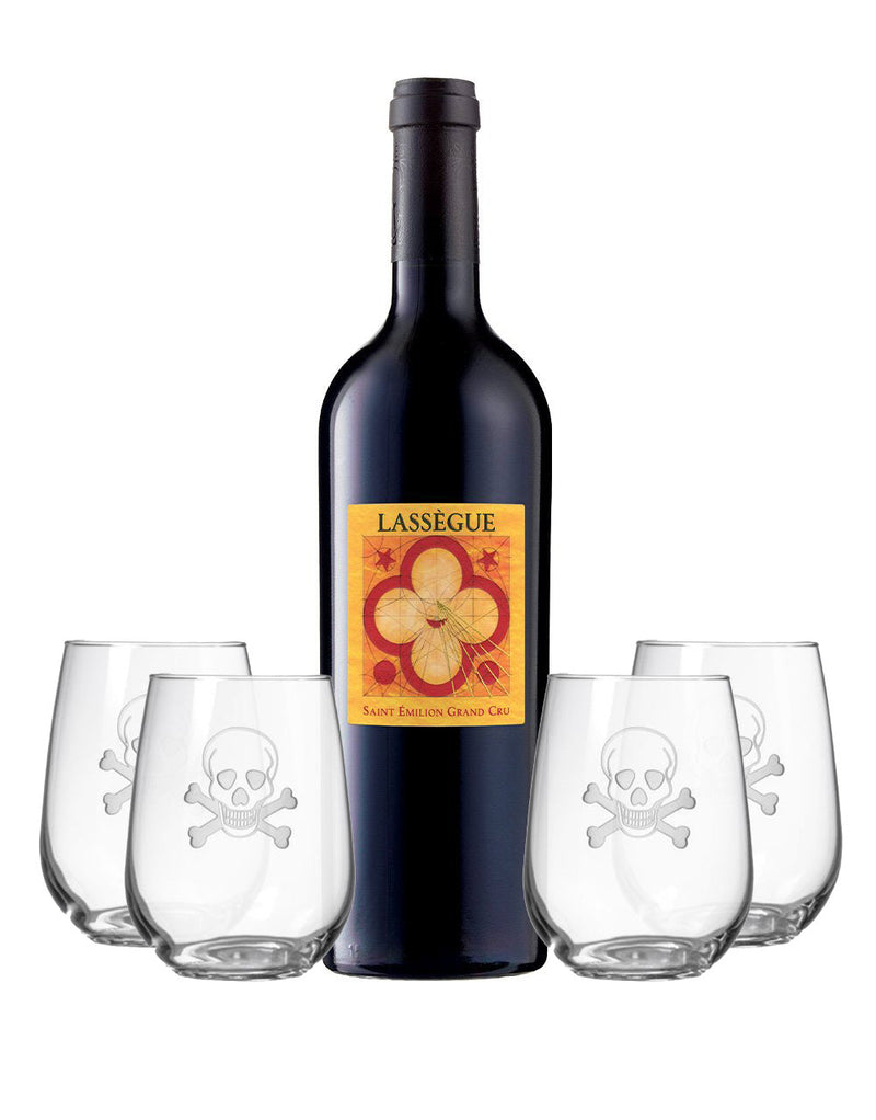 Chateau Lassègue Saint-Émilion Red Blend with Rolf Skull and Cross Bones Stemless Wine Tumblers