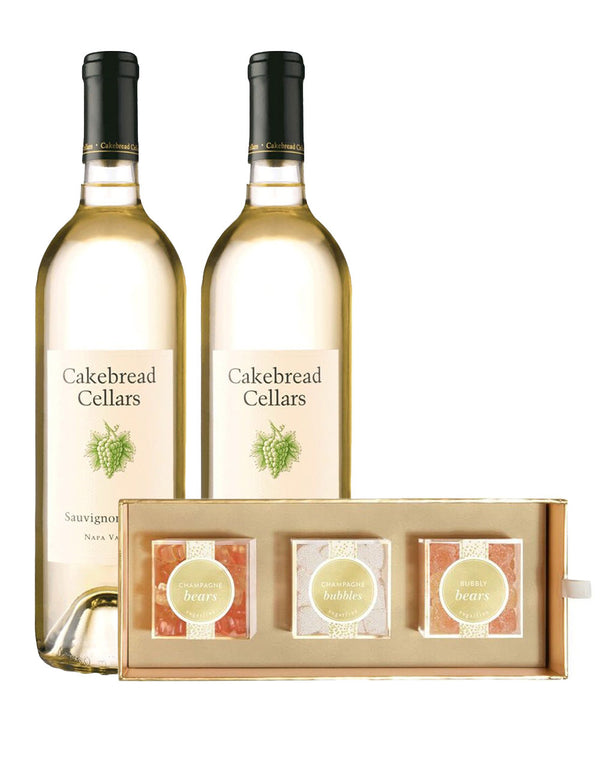 Cakebread Sauvignon Blanc (2 Bottles) with Sugarfina Cheers 3 Piece Candy Bento Box