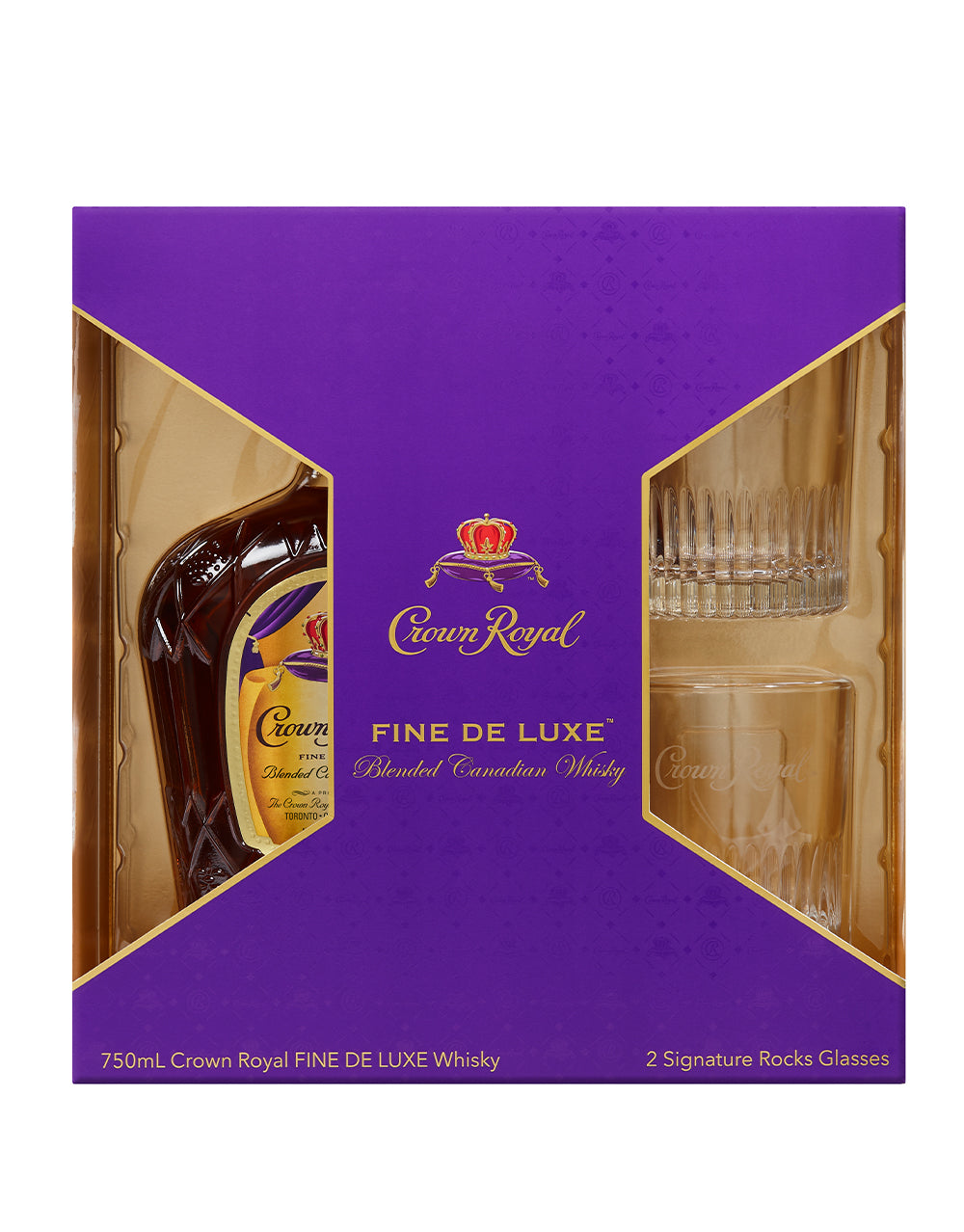 Crown Royal Fine De Luxe Blended Canadian Whisky with Two Signature Rocks Glasses
