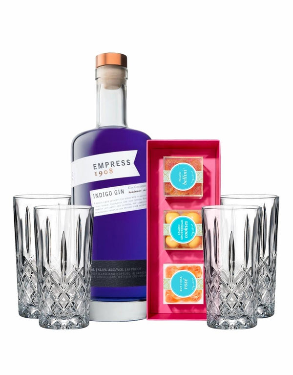 Empress 1908 Gin with Sugarfina Watercolor 3 Piece Bento Box & Waterford Markham HiBall (Set of 4)