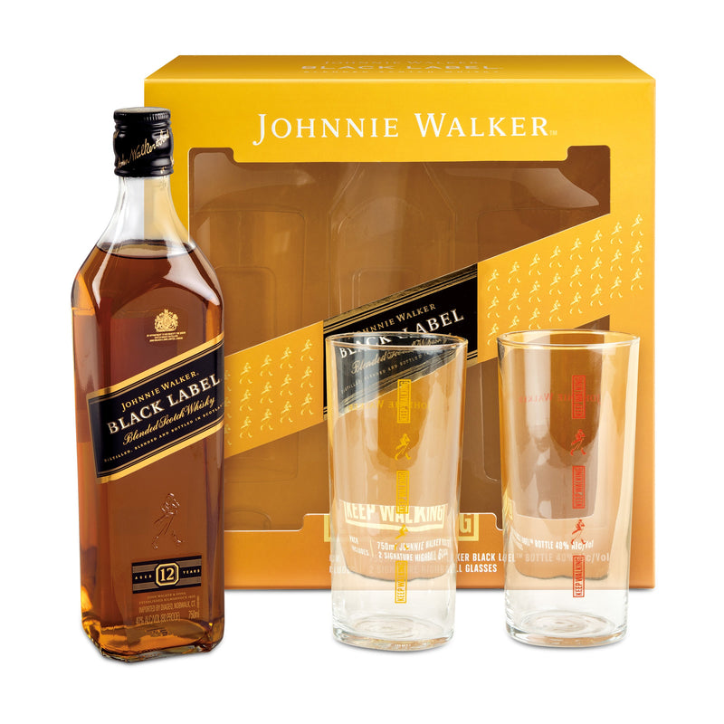 Johnnie Walker Black Label Blended Scotch Whiskey with Two Branded Highball Glasses