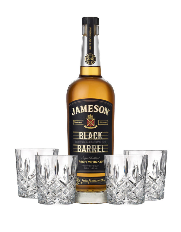 Jameson Black Barrel with 4 Markham Marquis by Waterford Double Old Fashioned Glasses