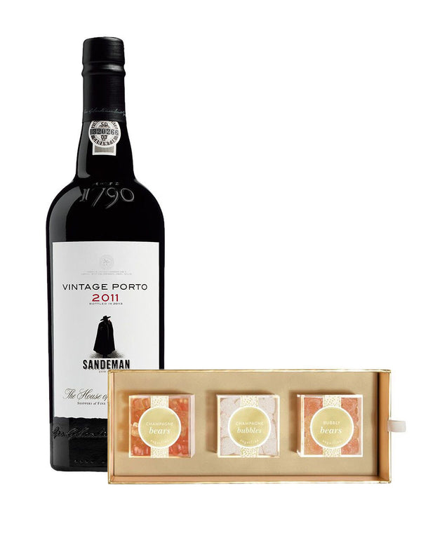 Sandeman Vintage Porto with Sugarfina Cheers 3 Piece Candy Bento Box