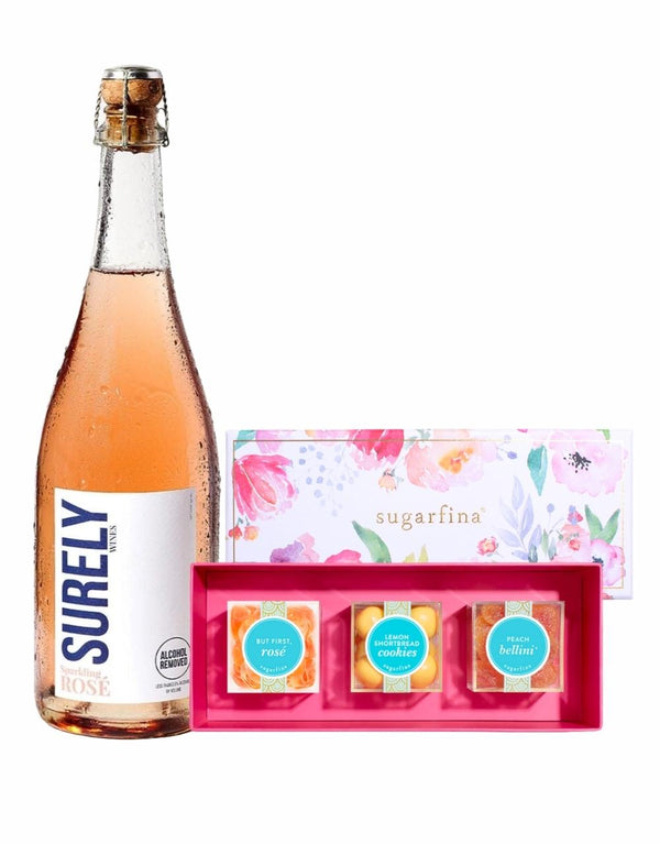 Surely Wines Non-Alcoholic Sparkling Rosé with Sugarfina Watercolor 3 Piece Bento Box